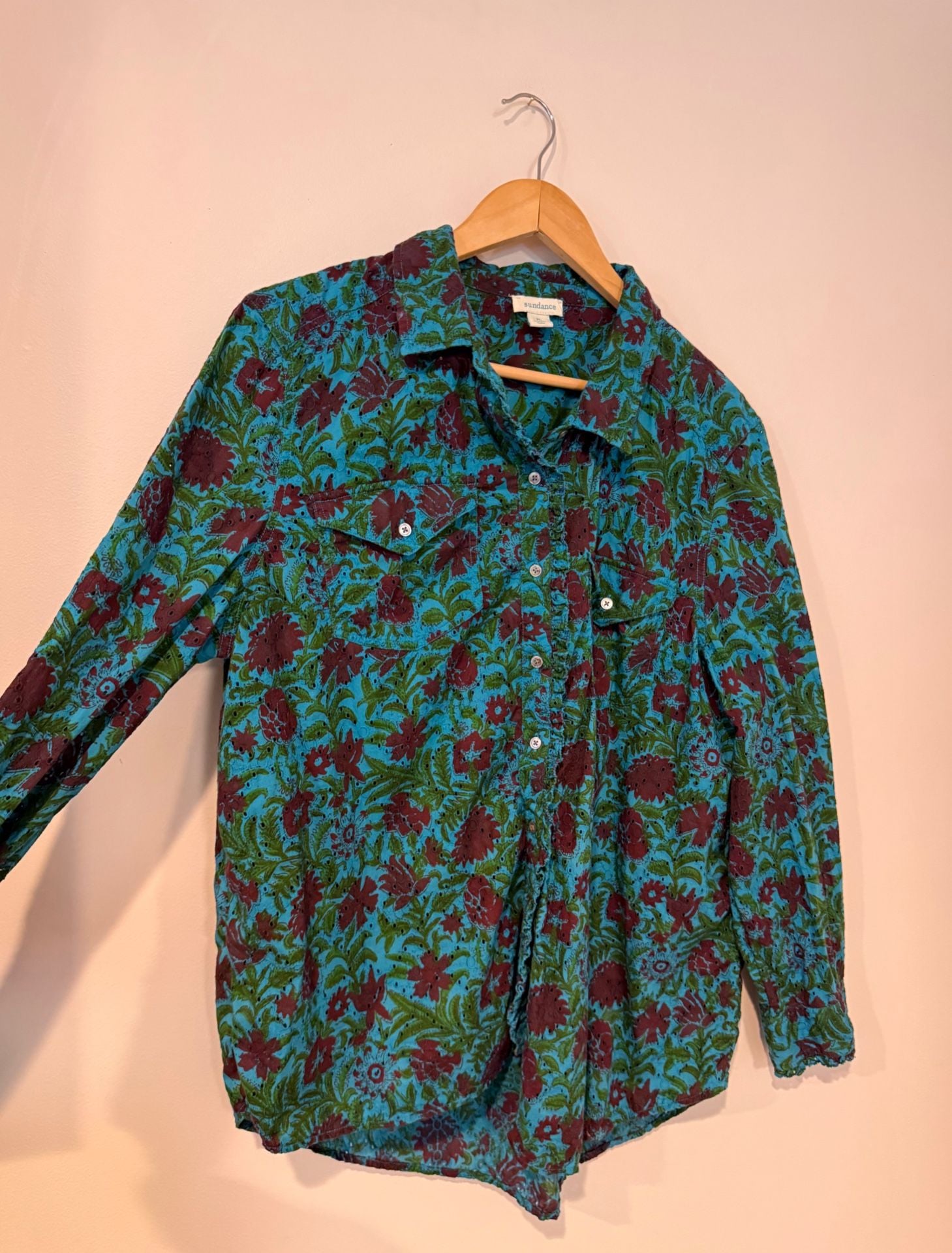Sundance Floral Button Up Shirt Size XL Blue Green Red Long Sleeve 2
