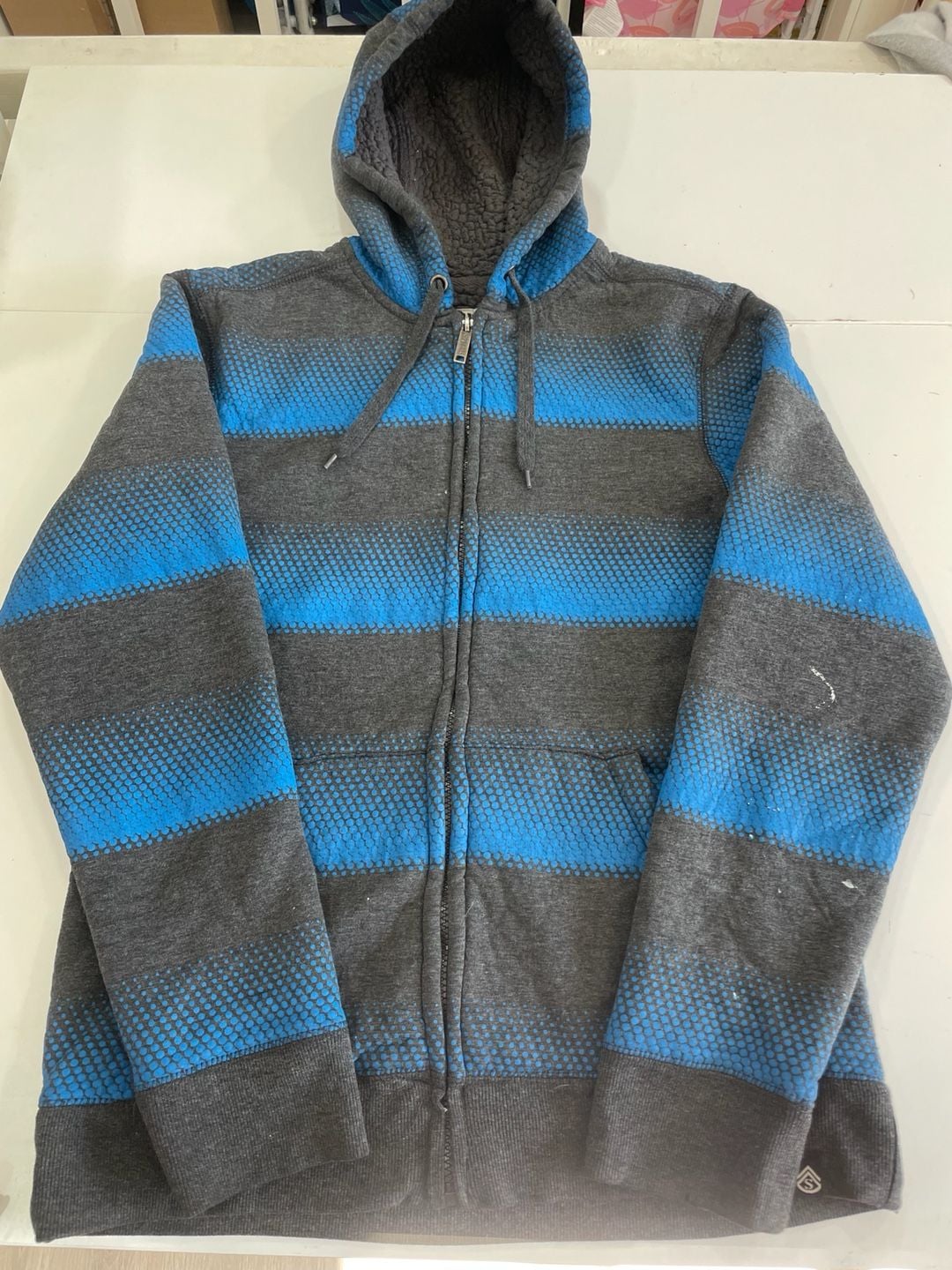 Surplus Zip Up Hooded Striped Sweater jacket Gray Blue Sherpa warm winter cozy 2