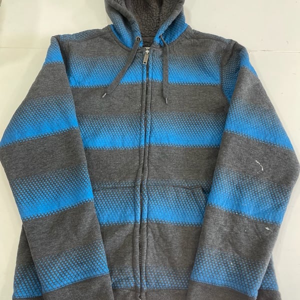 Surplus Zip Up Hooded Striped Sweater jacket Gray Blue Sherpa warm winter cozy