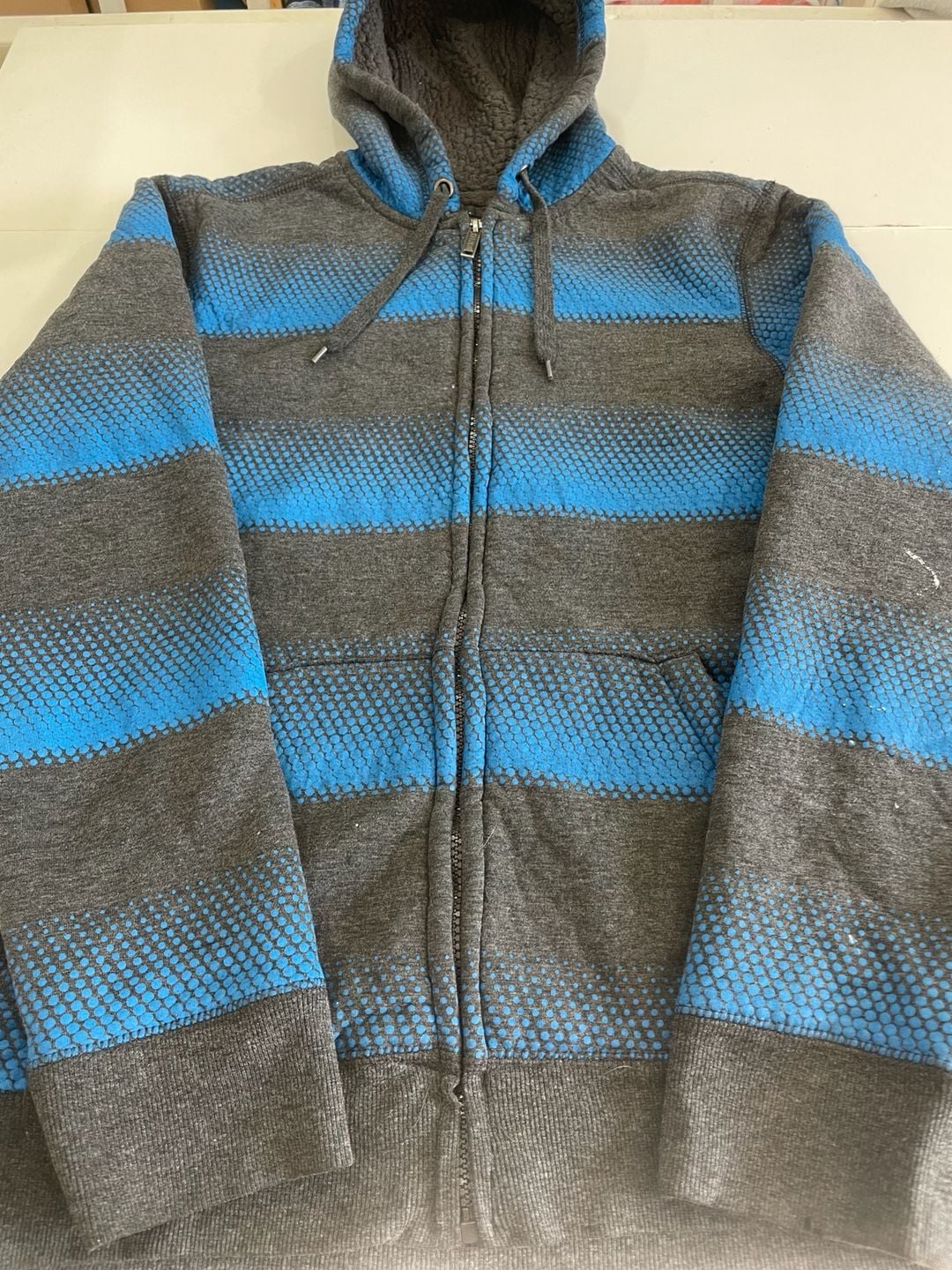 Surplus Zip Up Hooded Striped Sweater jacket Gray Blue Sherpa warm winter cozy 3