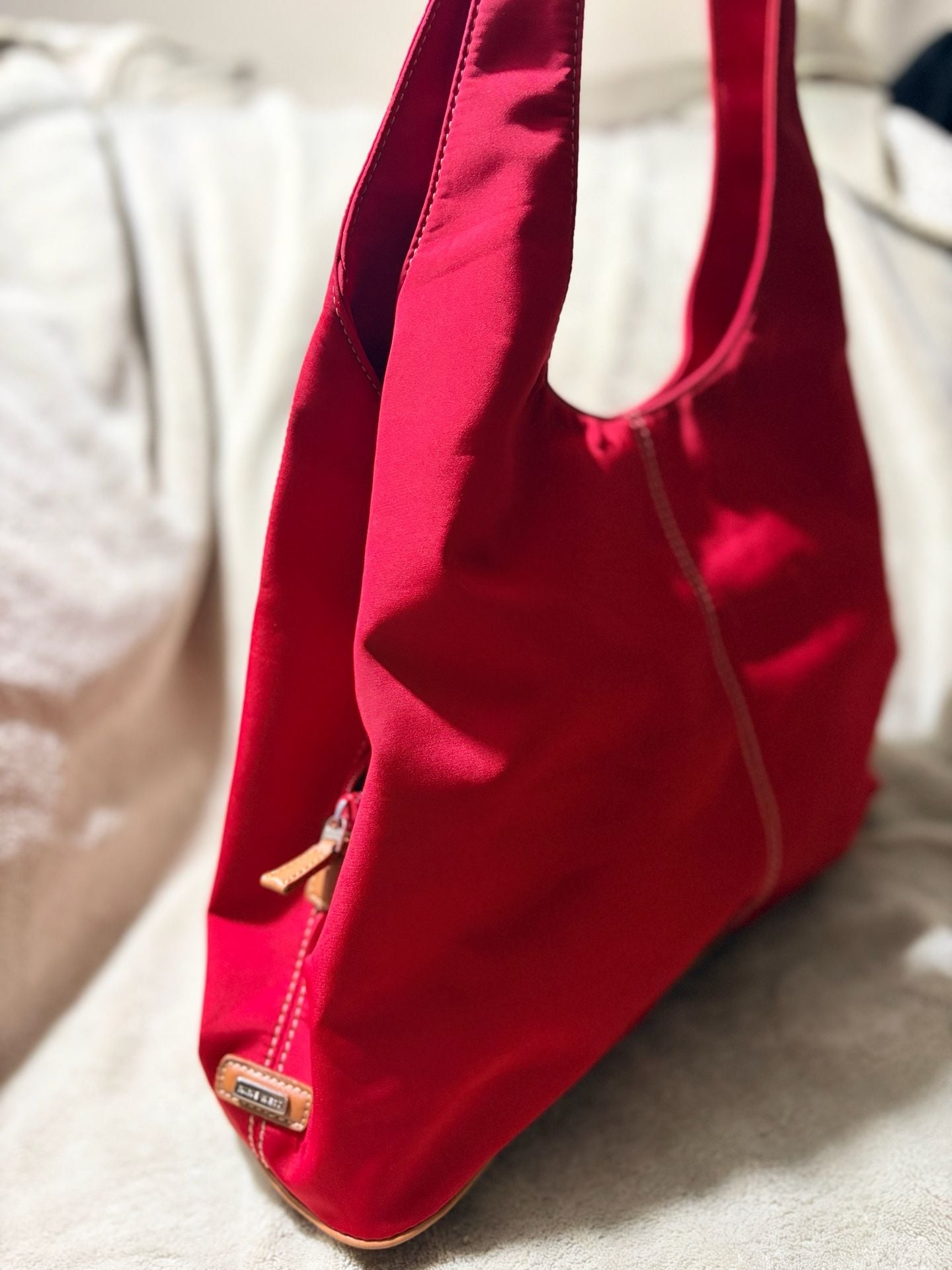 Nine West Red Canvas Shoulder Bag with Brown Trim 4