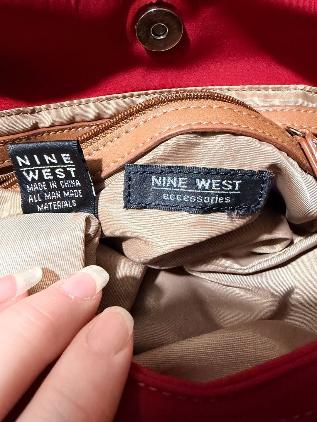 Nine West Red Canvas Shoulder Bag with Brown Trim 11