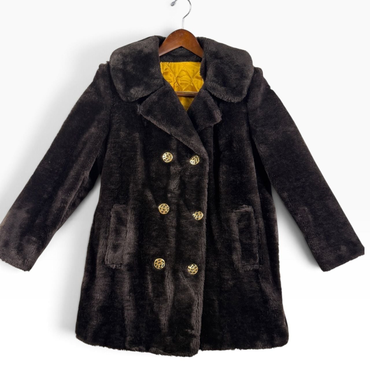 Retro Mod Brown Plush Coat Gold Buttons Size 14 2
