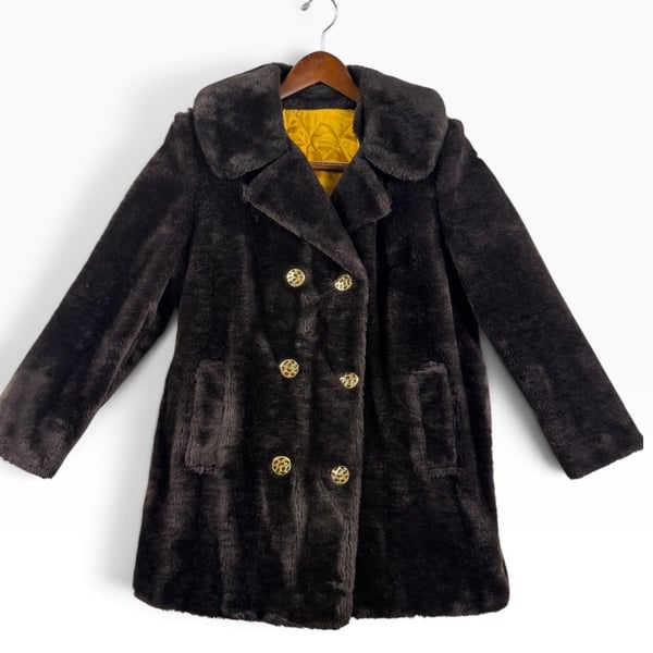 Retro Mod Brown Plush Coat Gold Buttons Size 14