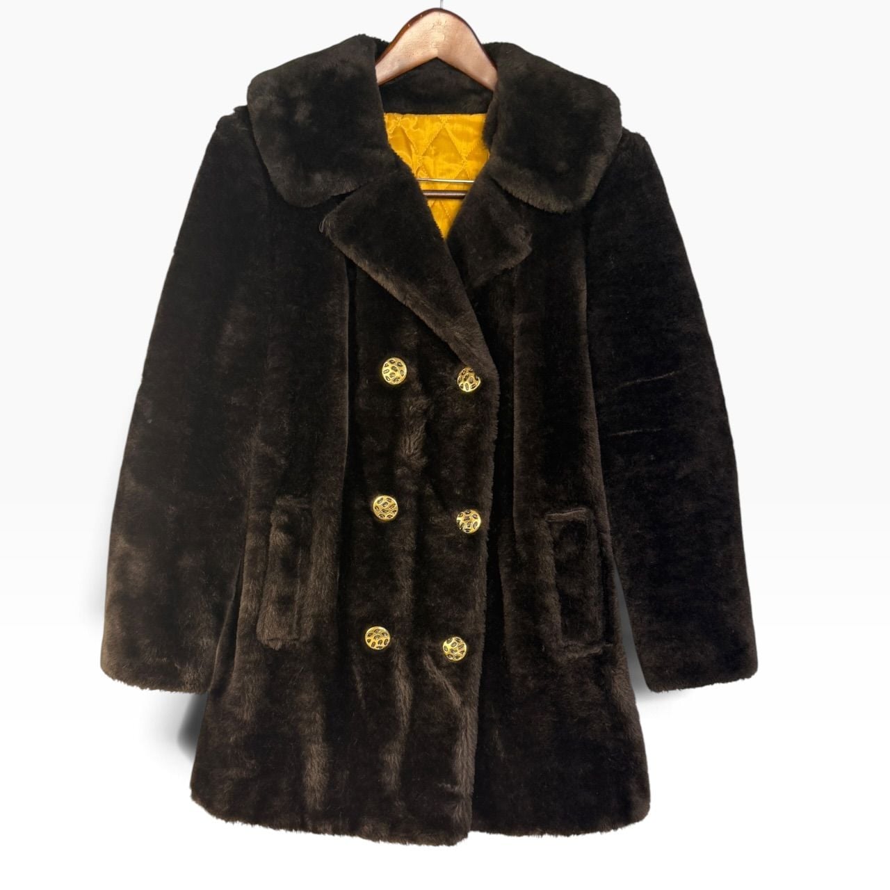 Retro Mod Brown Plush Coat Gold Buttons Size 14 3
