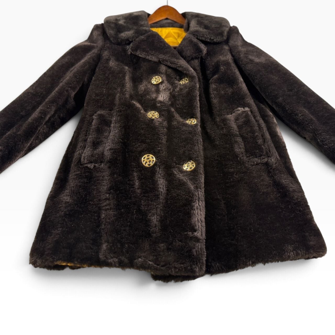 Retro Mod Brown Plush Coat Gold Buttons Size 14 5