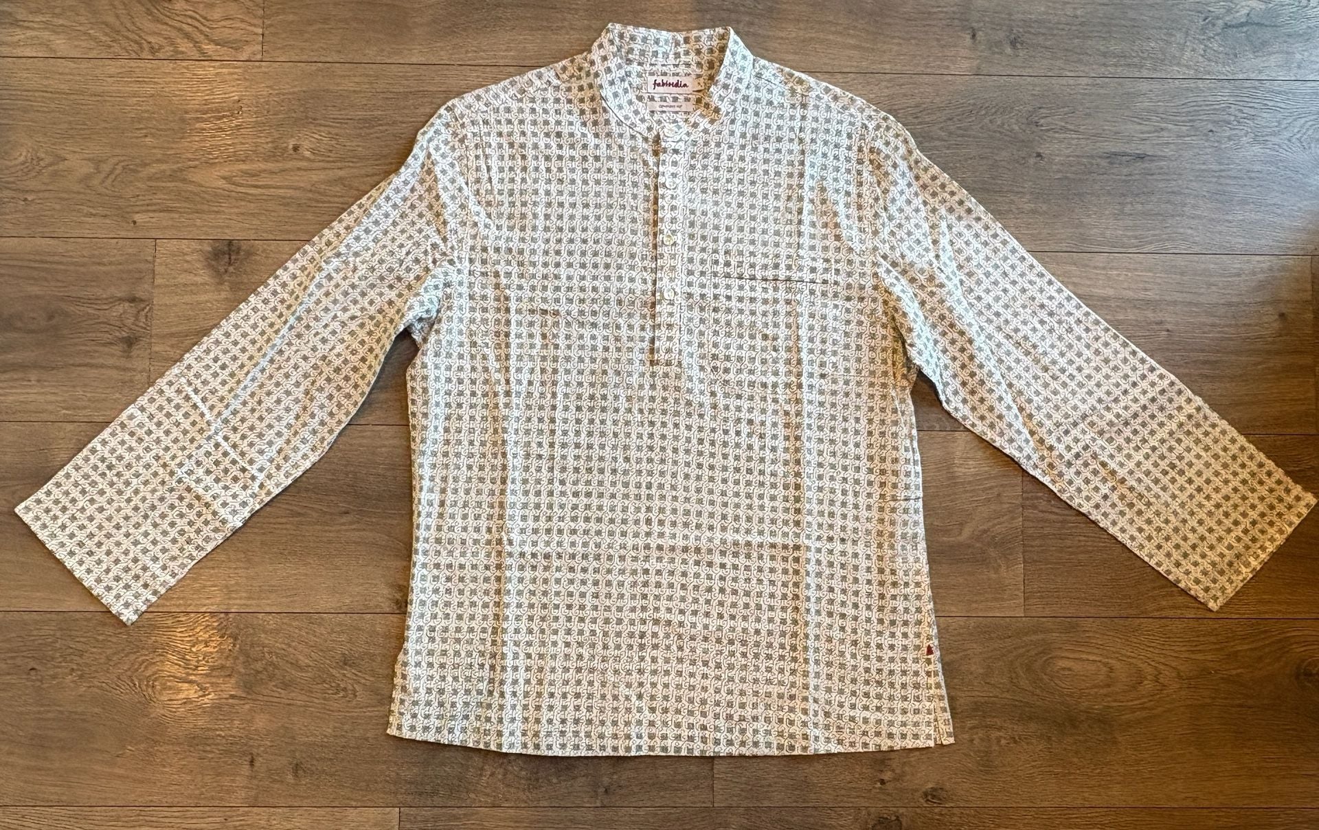 Fabindia Men's Short Kurta Size S White Geometric Print Cotton Comfort Fit 2