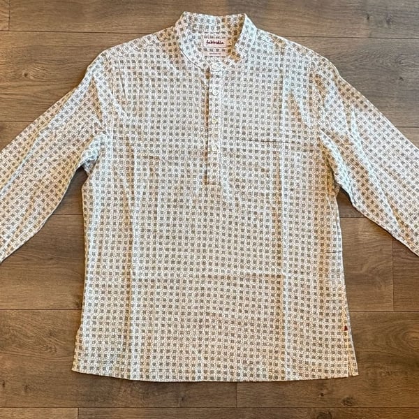 Fabindia Men's Short Kurta Size S White Geometric Print Cotton Comfort Fit