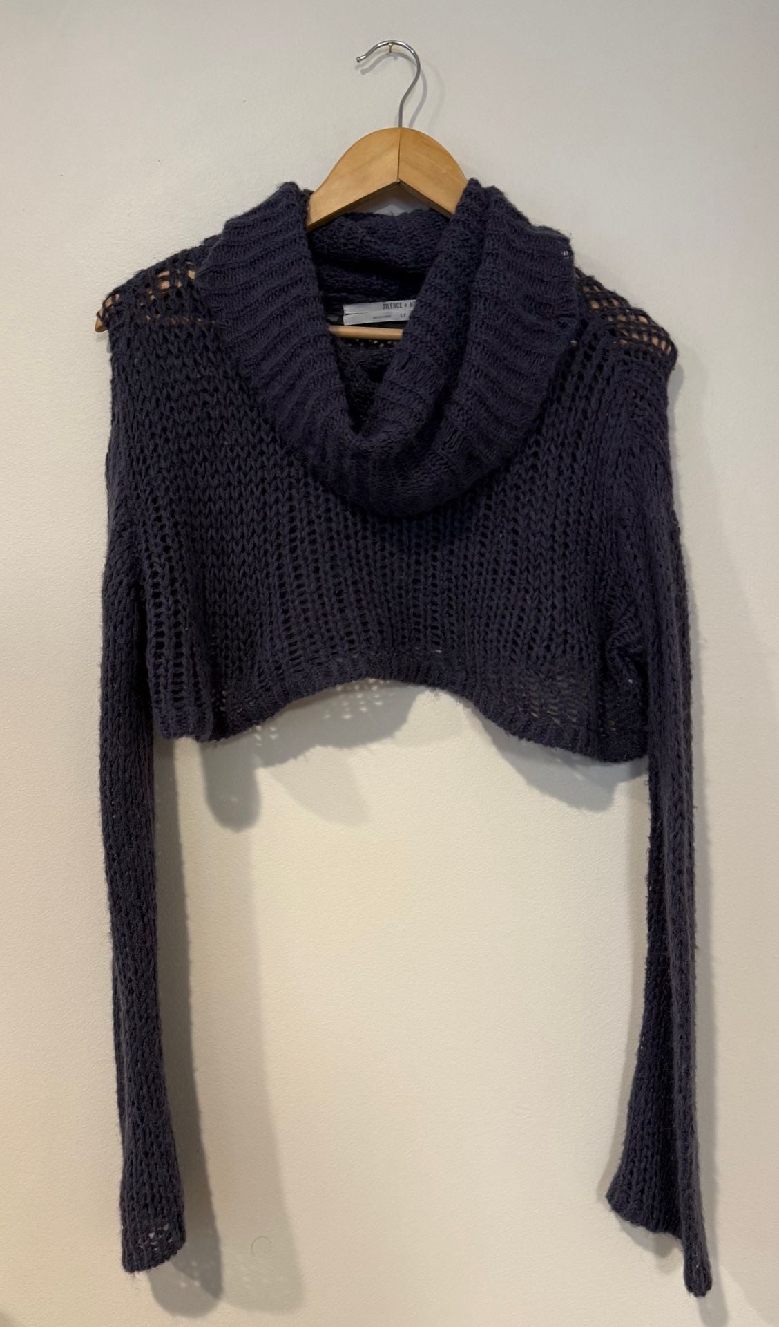 Silence + Noise Cowl Neck Crop Sweater Size S Dark Grey Open Knit 2
