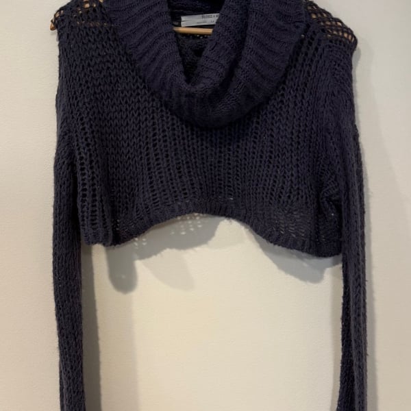 Silence + Noise Cowl Neck Crop Sweater Size S Dark Grey Open Knit