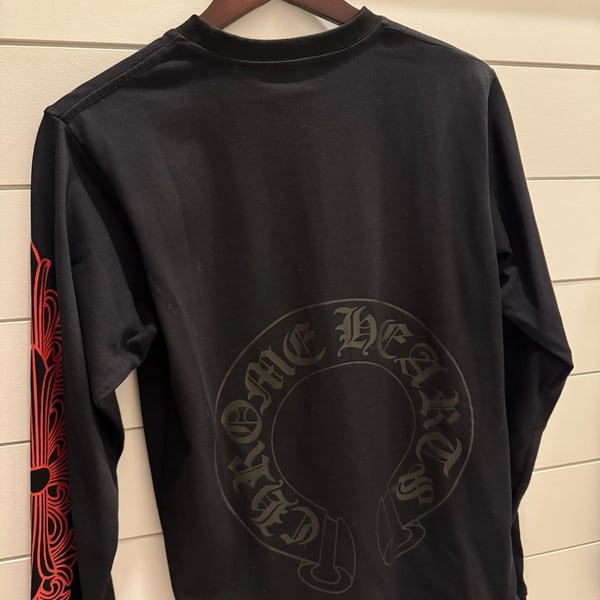 Chrome Hearts Black Red Vine Horseshoe Long Sleeve Pocket T-Shirt