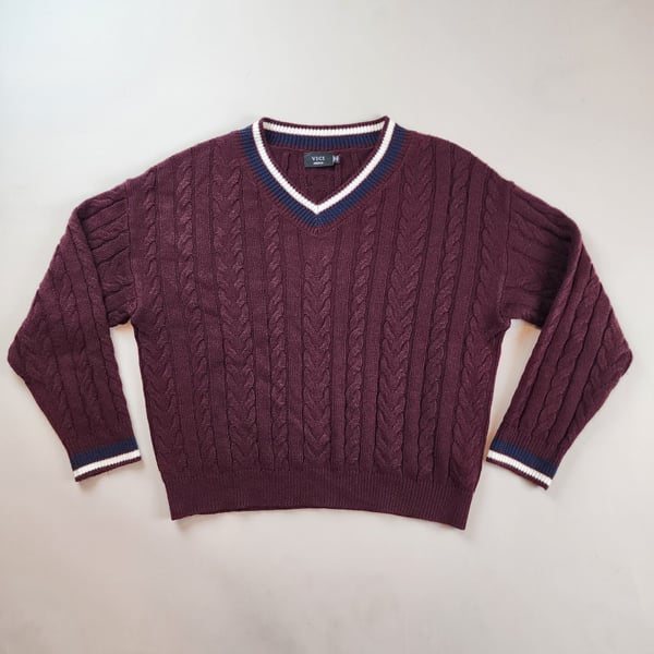 Vici Burgundy Cable Knit V-Neck Sweater with White and Navy Trim Medium 