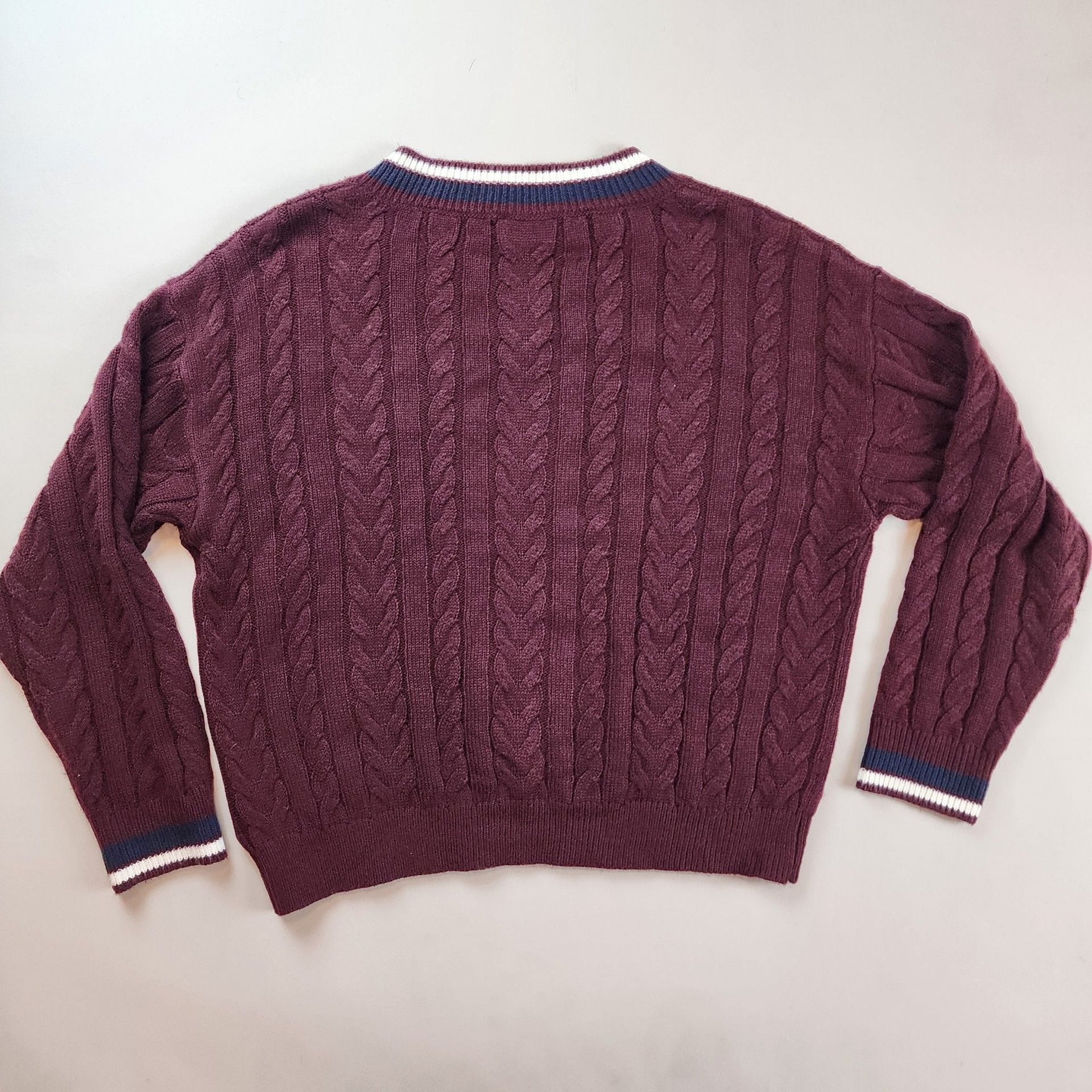 Vici Burgundy Cable Knit V-Neck Sweater with White and Navy Trim Medium  7