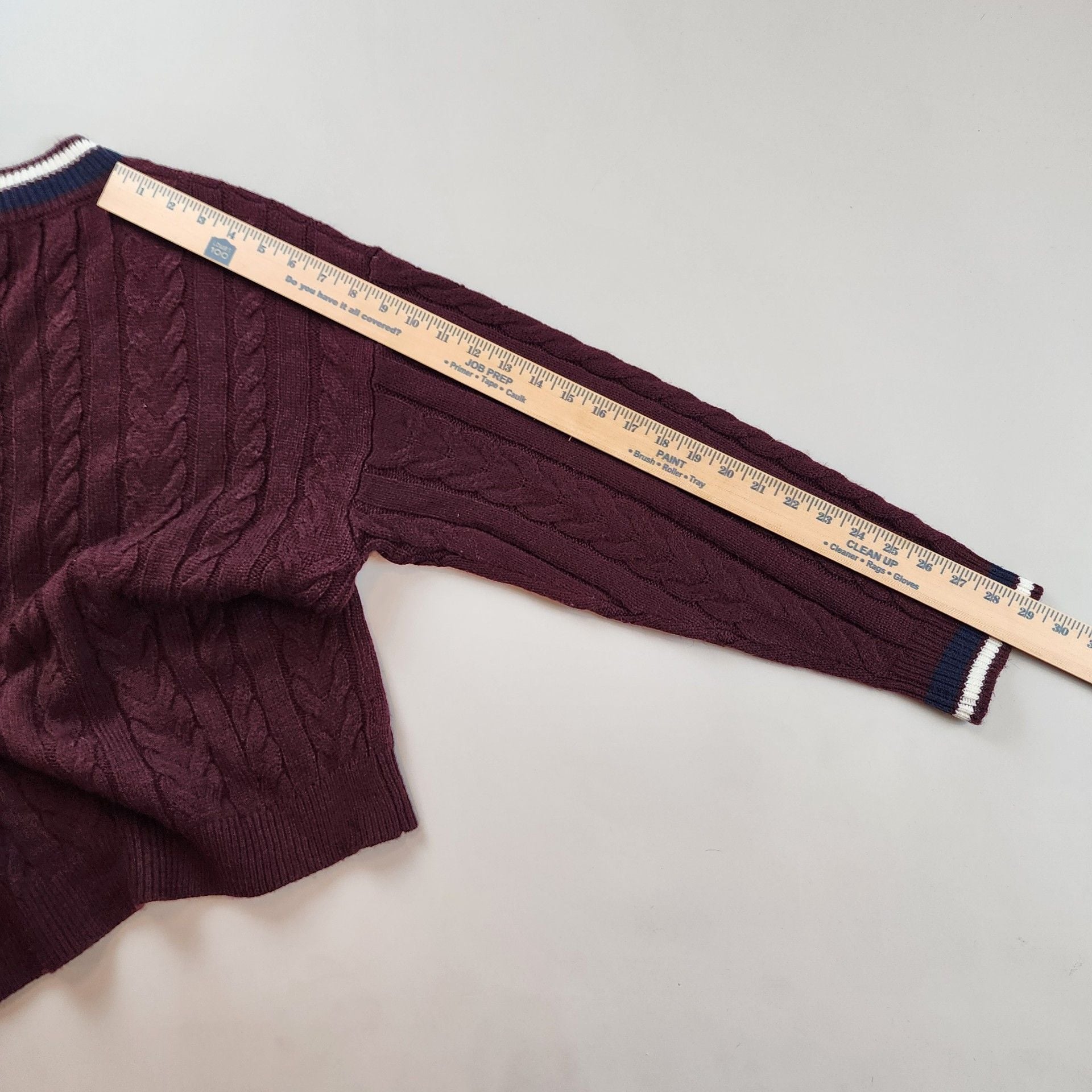 Vici Burgundy Cable Knit V-Neck Sweater with White and Navy Trim Medium  8