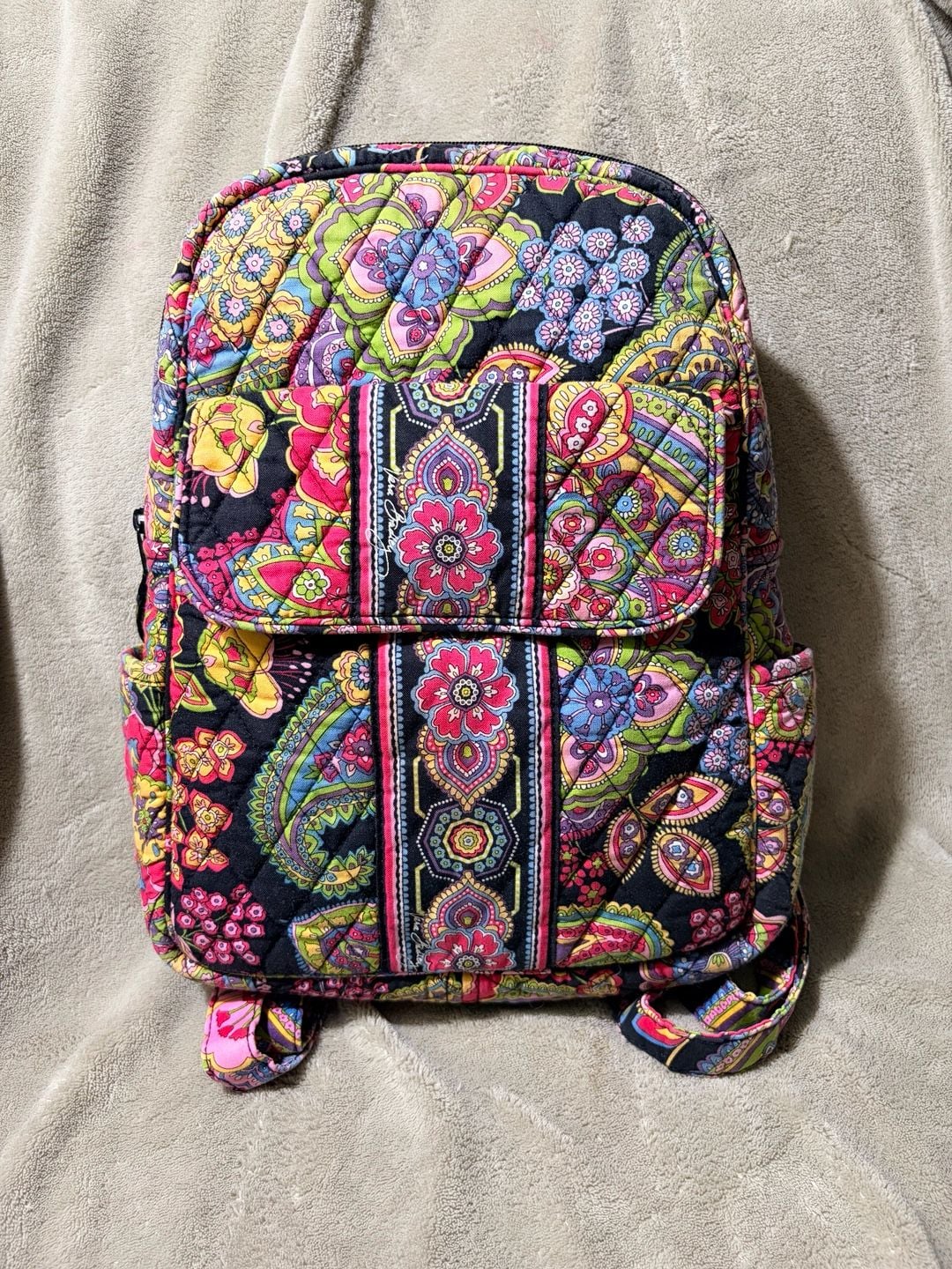 Vera Bradley Symphony in Hue Quilted Backpack Purse Pink Black Yellow Paisley 2