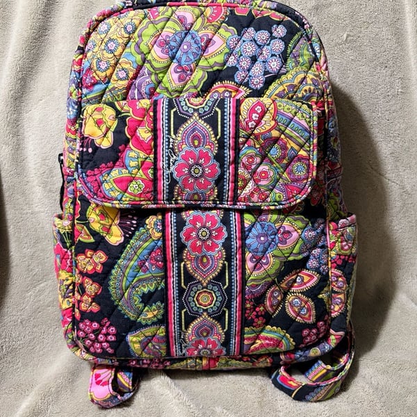 Vera Bradley Symphony in Hue Quilted Backpack Purse Pink Black Yellow Paisley