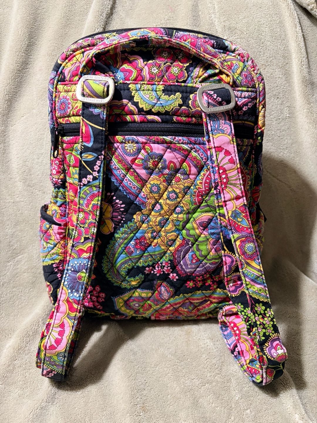Vera Bradley Symphony in Hue Quilted Backpack Purse Pink Black Yellow Paisley 3