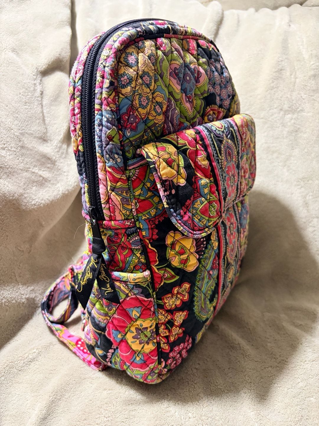 Vera Bradley Symphony in Hue Quilted Backpack Purse Pink Black Yellow Paisley 4