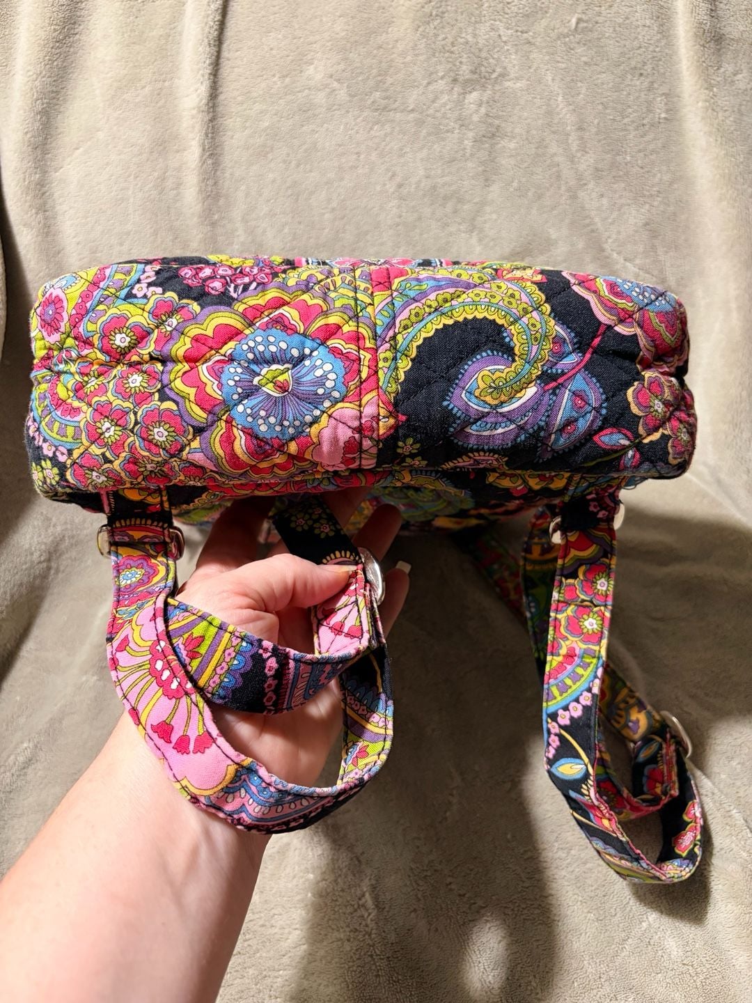 Vera Bradley Symphony in Hue Quilted Backpack Purse Pink Black Yellow Paisley 5