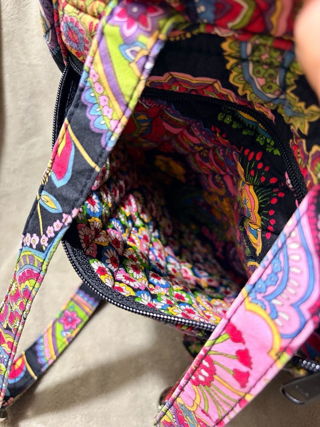 Vera Bradley Symphony in Hue Quilted Backpack Purse Pink Black Yellow Paisley 7