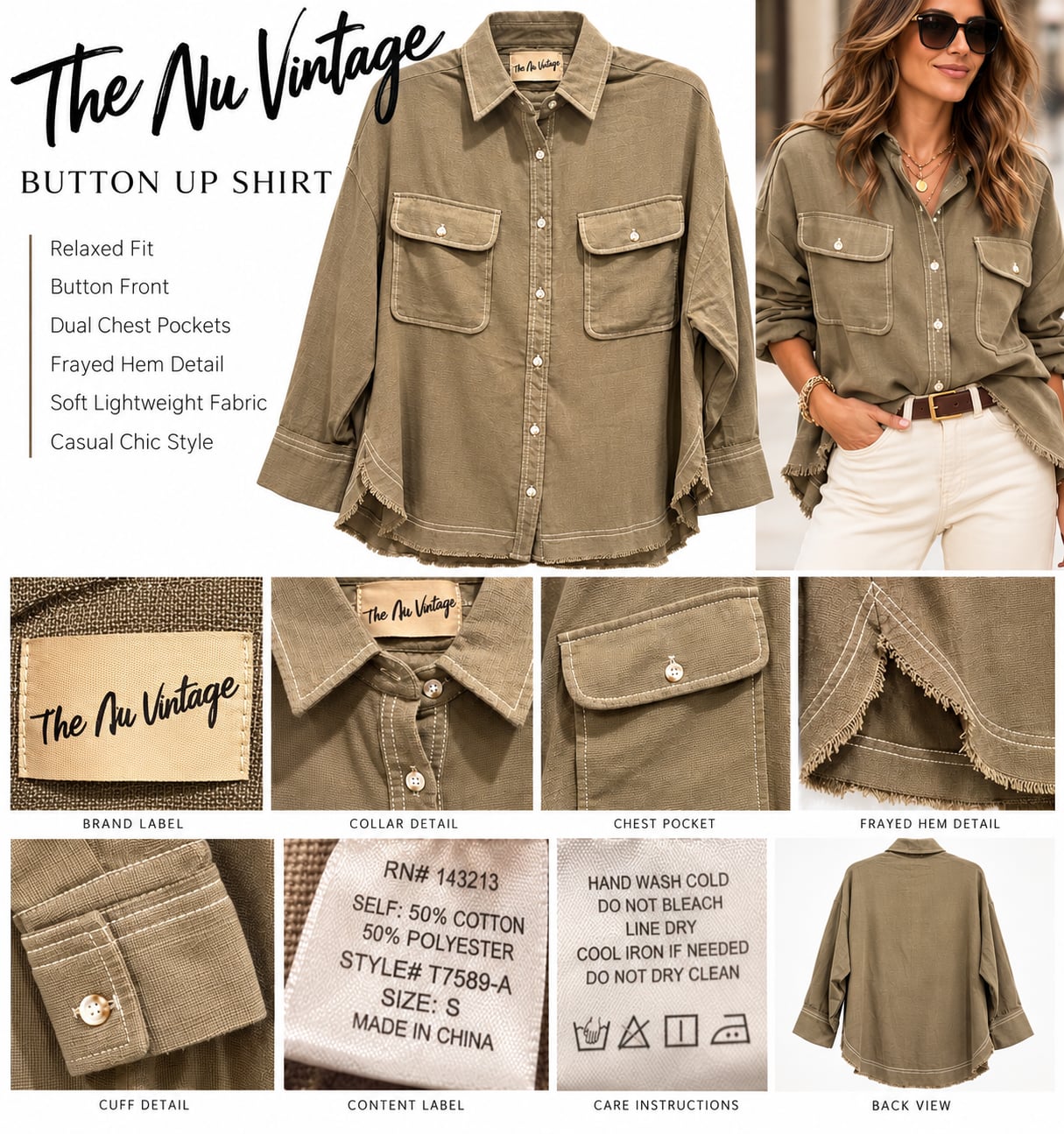 The Nu Vintage Utility Raw Hem Shirt Oversized Button Up Size Small 2