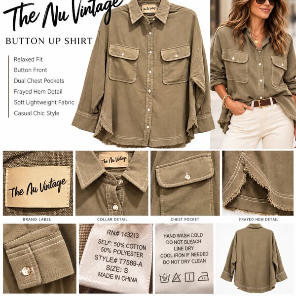 The Nu Vintage Utility Raw Hem Shirt Oversized Button Up Size Small