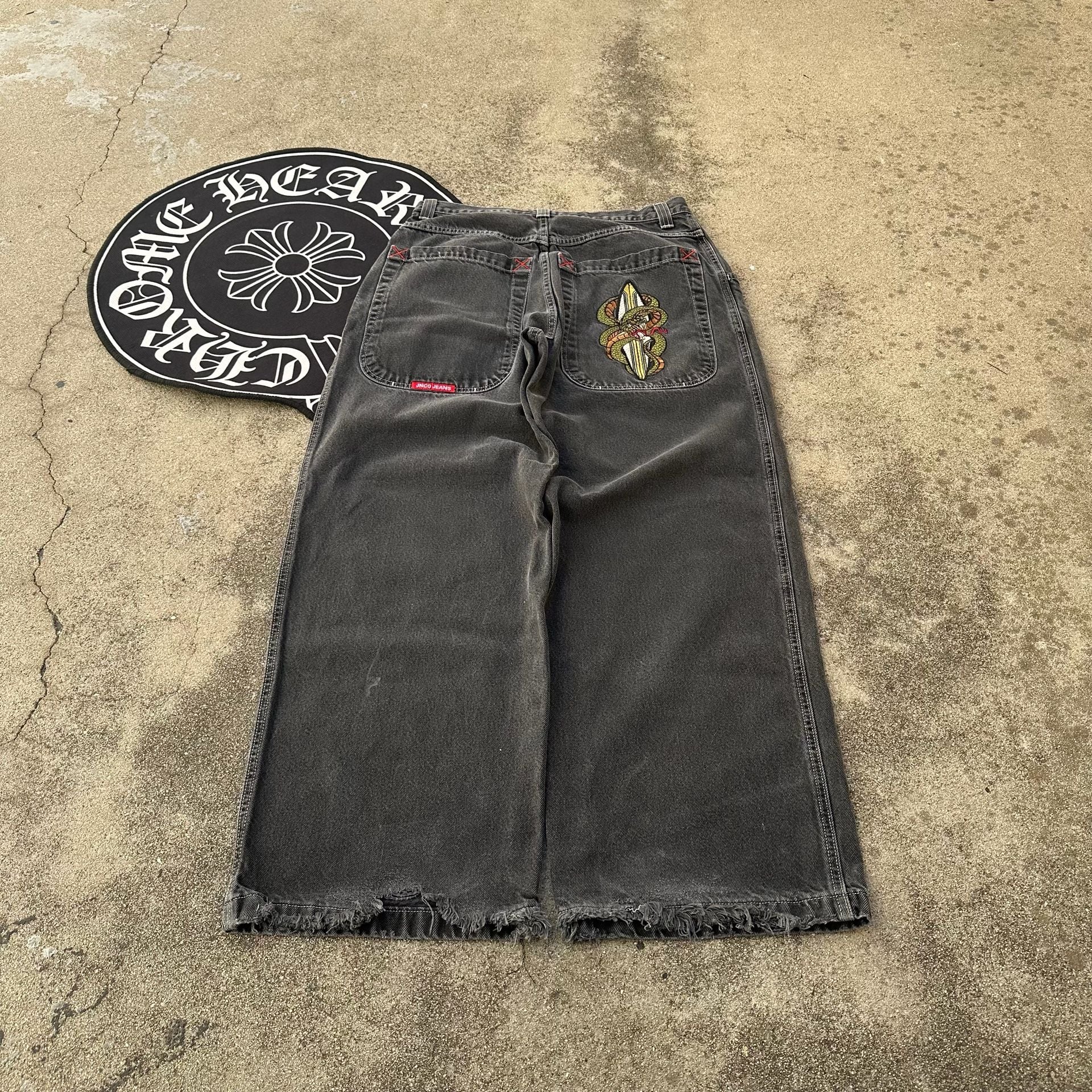Vintage JNCO Snake Surfboard Embroidered Wide Leg Denim Jeans Black 34x32 3