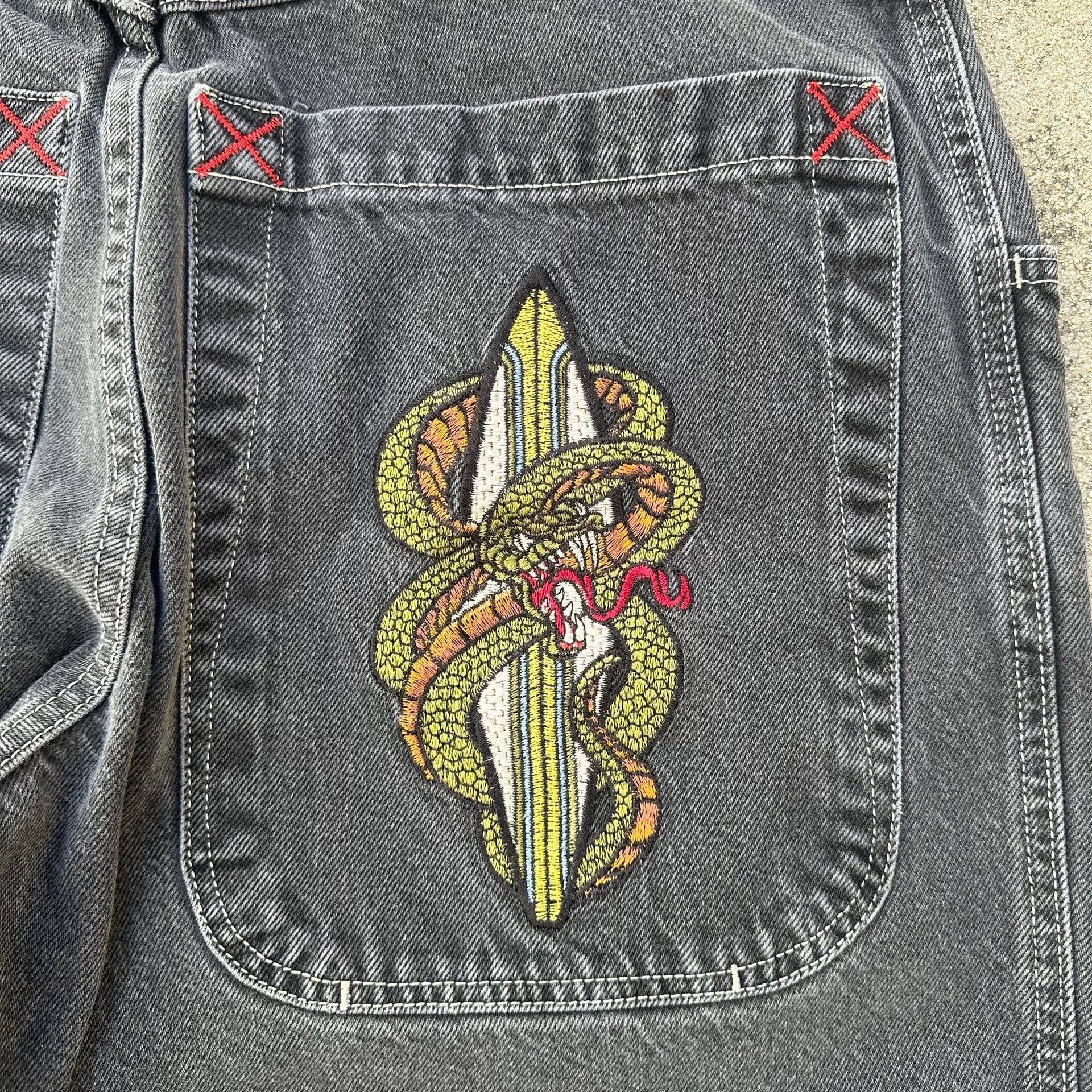 Vintage JNCO Snake Surfboard Embroidered Wide Leg Denim Jeans Black 34x32 5
