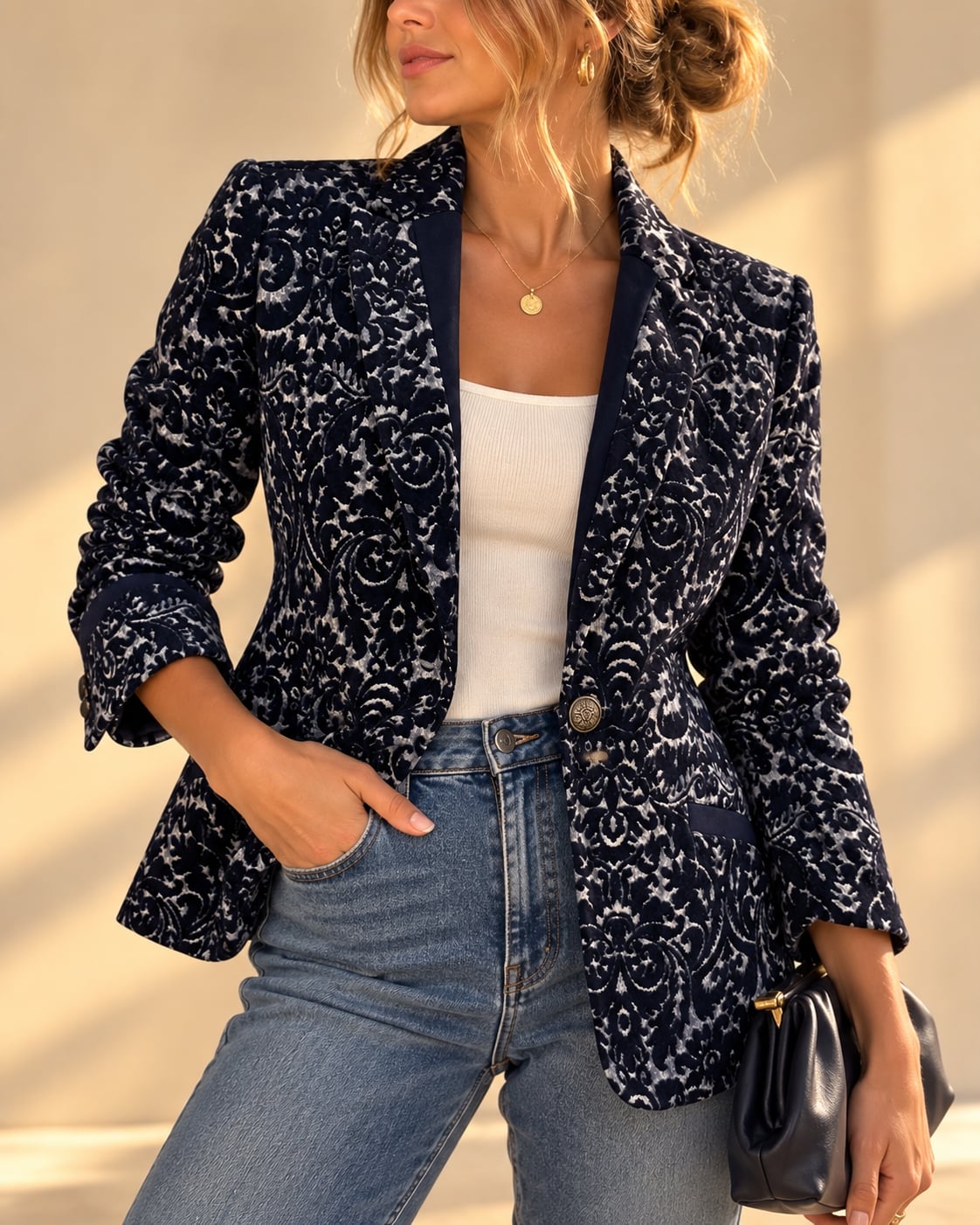 CAbi #109 Navy Velvet Jacquard Wool Blend Blazer 6 Damask Old Money Holiday 2