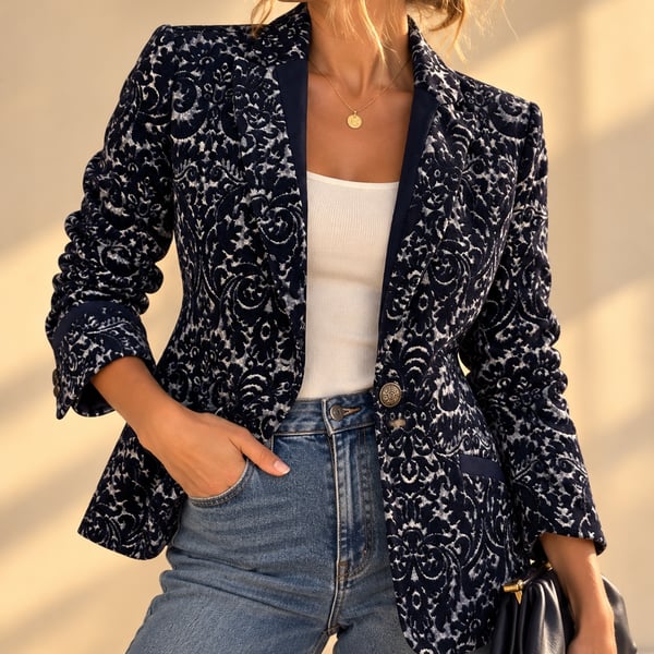 CAbi #109 Navy Velvet Jacquard Wool Blend Blazer 6 Damask Old Money Holiday
