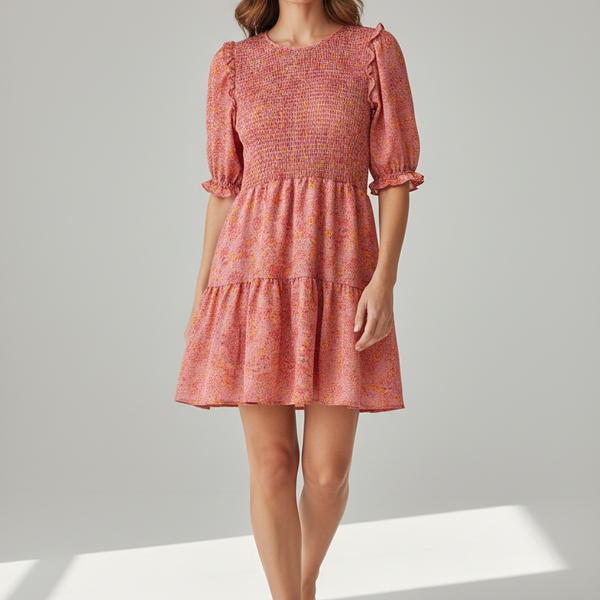 Wild Fable Floral Smocked Mini Dress with Puff Sleeves Size M Pink Tiered Ruffle