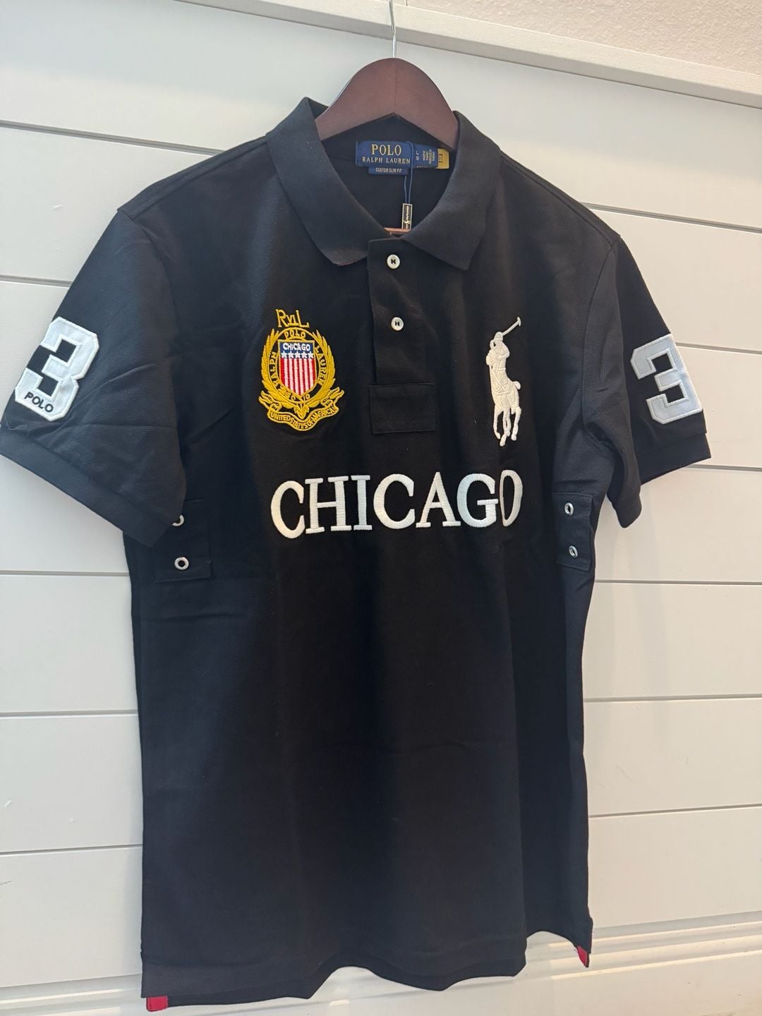 Polo Ralph Lauren Chicago USA #3 Polo Shirt Black Gold Crest Embroidered 2
