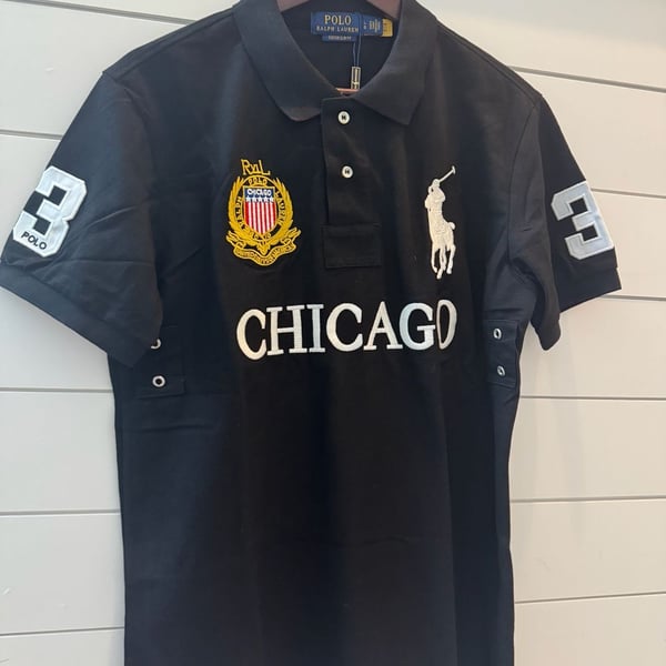 Polo Ralph Lauren Chicago USA #3 Polo Shirt Black Gold Crest Embroidered