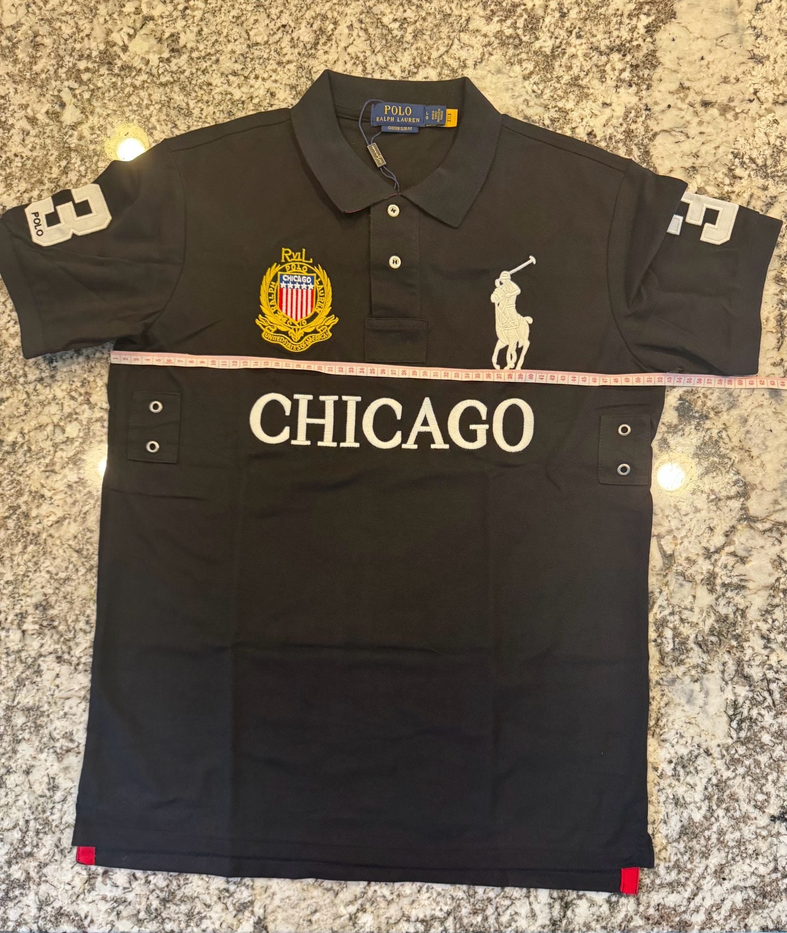 Polo Ralph Lauren Chicago USA #3 Polo Shirt Black Gold Crest Embroidered 4