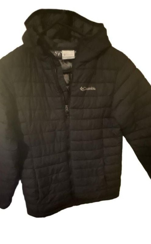 Columbia Powder Lite Puffer Jacket Size L 14/16 Black Omni-Heat Hooded youth size 2
