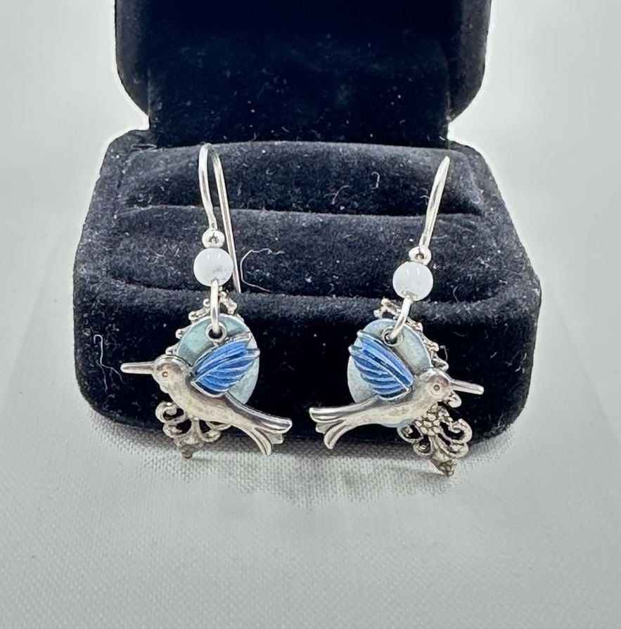 Silver Forest Blue Hummingbird Filigree Drop Earrings 2