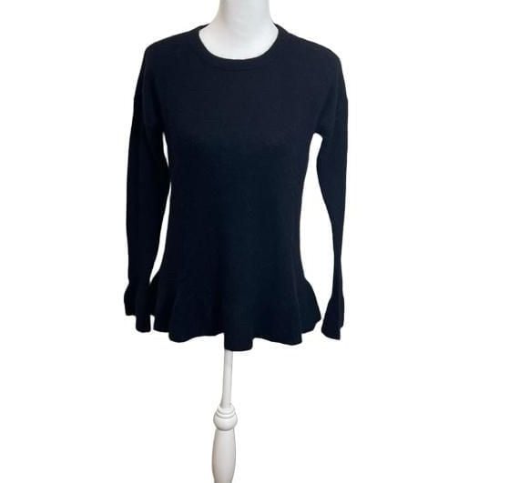 Lord & Taylor 100% Cashmere Ruffle Hem Cuffs Crewneck Sweater Black Petite Small 8