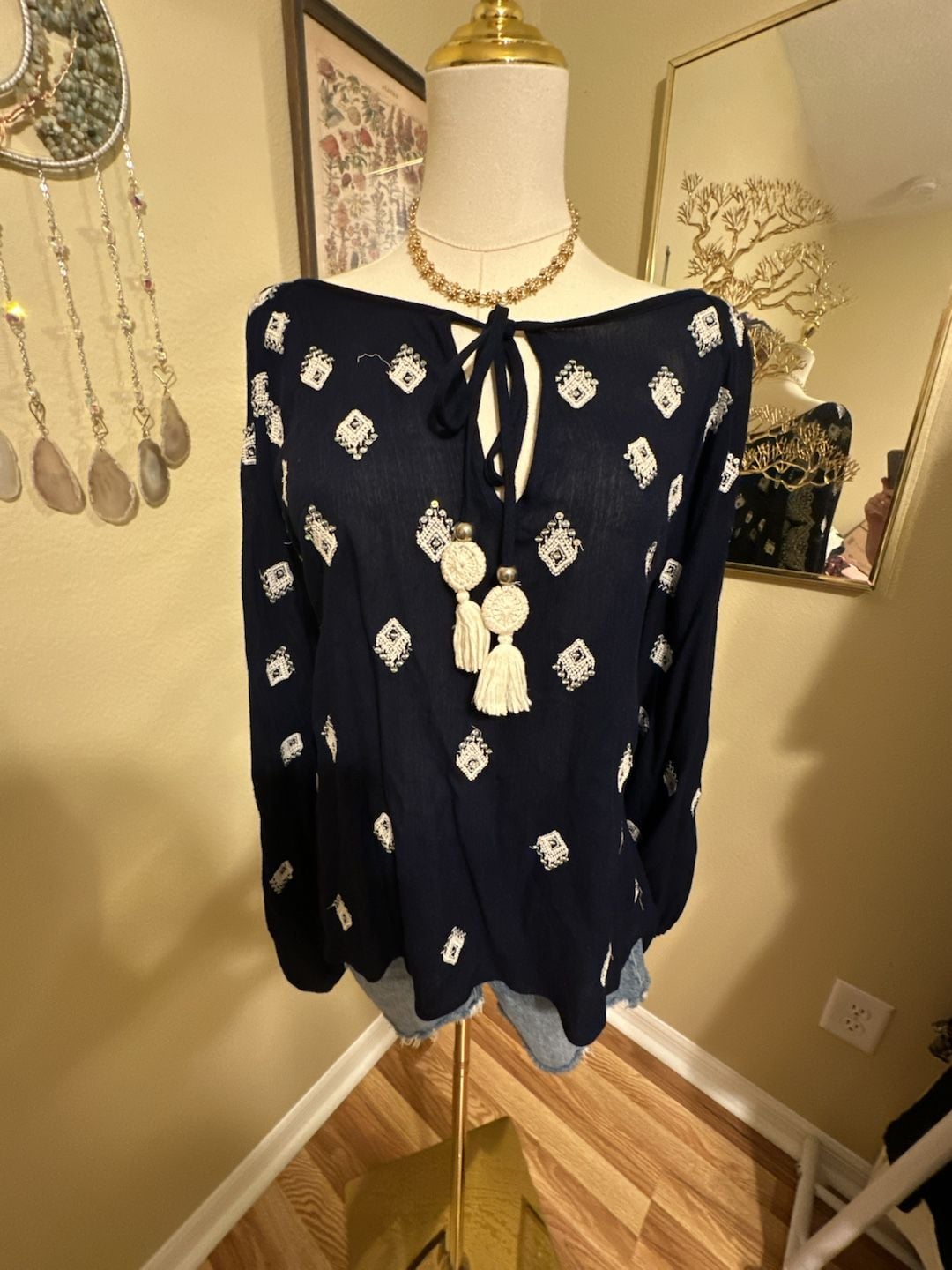 Ridiculously Gorgeous Ramy Brook Navy Boho Tassel Top Size M/L 11