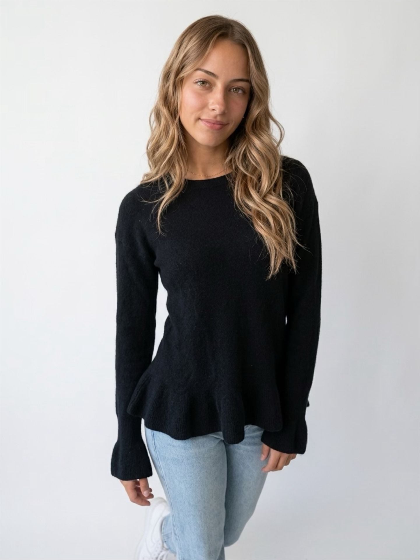 Lord & Taylor 100% Cashmere Ruffle Hem Cuffs Crewneck Sweater Black Petite Small 2