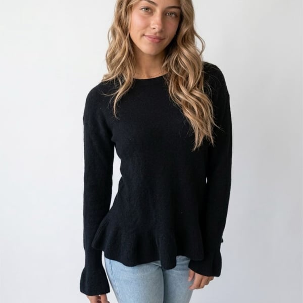 Lord & Taylor 100% Cashmere Ruffle Hem Cuffs Crewneck Sweater Black Petite Small