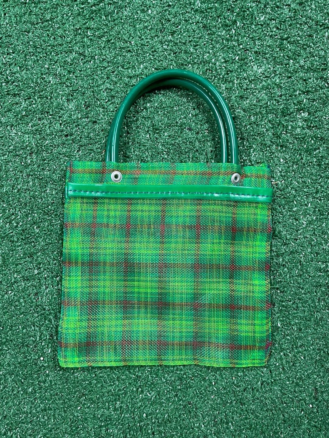 Mexican Mercado Bag Mini Green Plaid Plastic Mesh Tote Purse 3