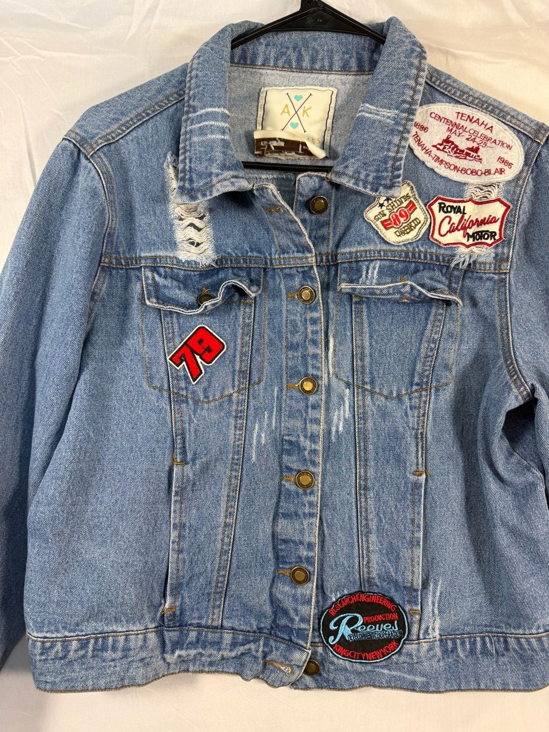 Angel Kiss Denim Jacket Size 1X-Large Distressed Patched Blue 3
