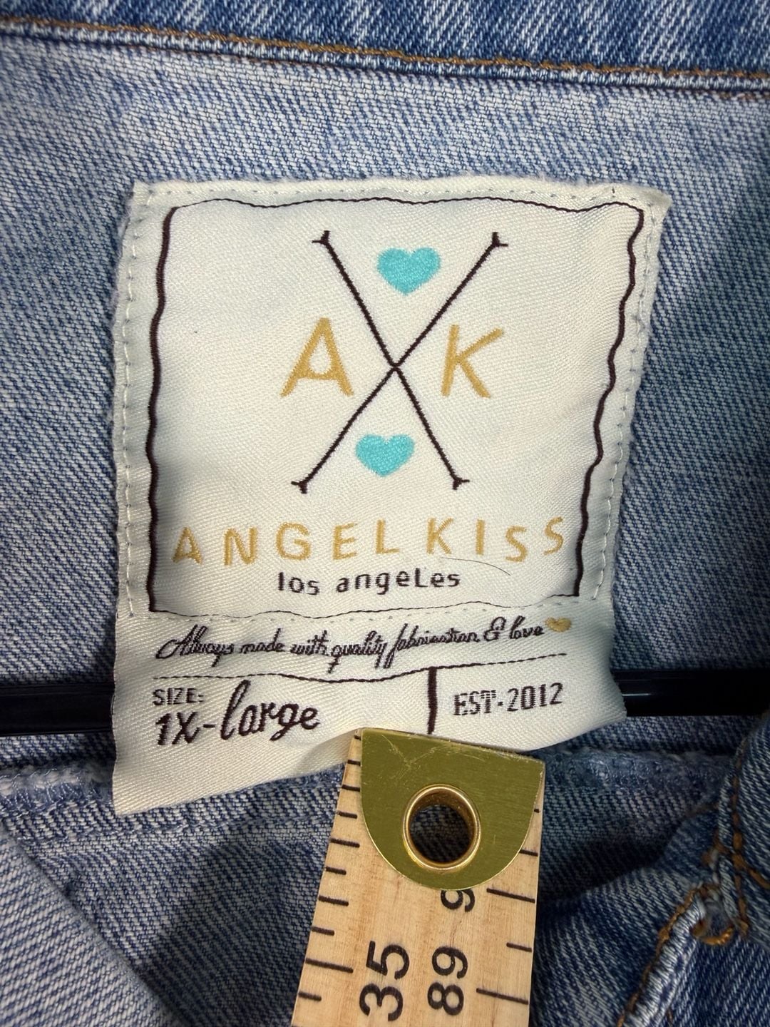 Angel Kiss Denim Jacket Size 1X-Large Distressed Patched Blue 4