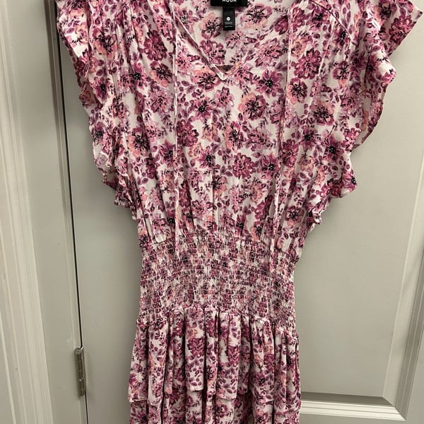 Aqua Floral Smocked Waist Dress Size XS Pink Flutter Sleeve Mini