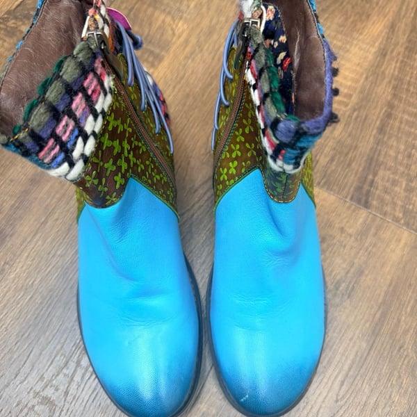 Socofy Boho Retro Ankle Boots Size 41 Blue Multi Leather Chunky Heel