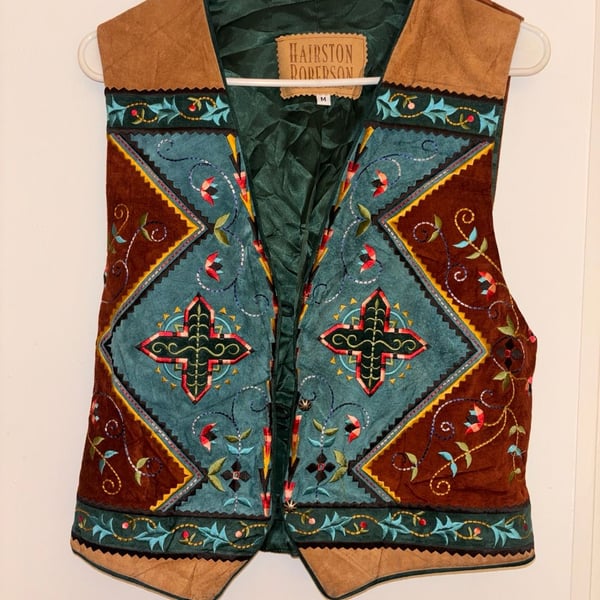 Hairston Roberson VINTAGE Suede Embroidered Vest Size M Southwestern Boho