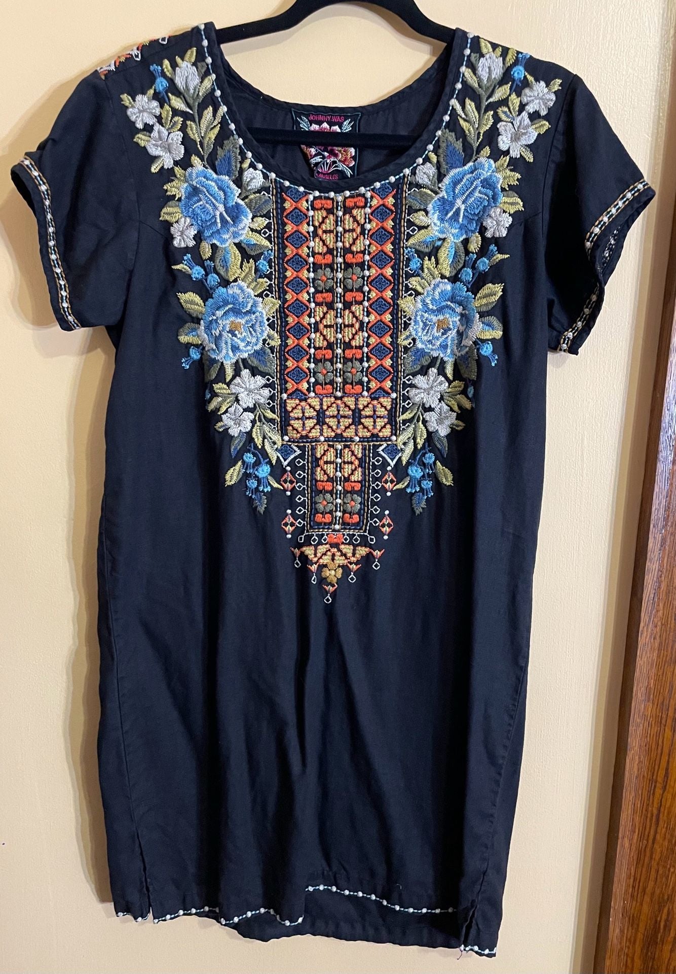 Johnny Was Embroidered Dress Size S Black Floral Short Sleeve Boho Tunic 2