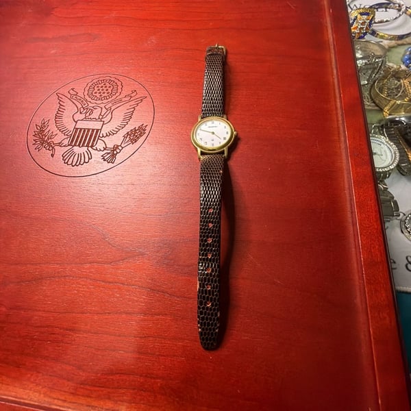 Accutron Swiss Made Gold Plated Ladies Watch with Brown Leather Strap