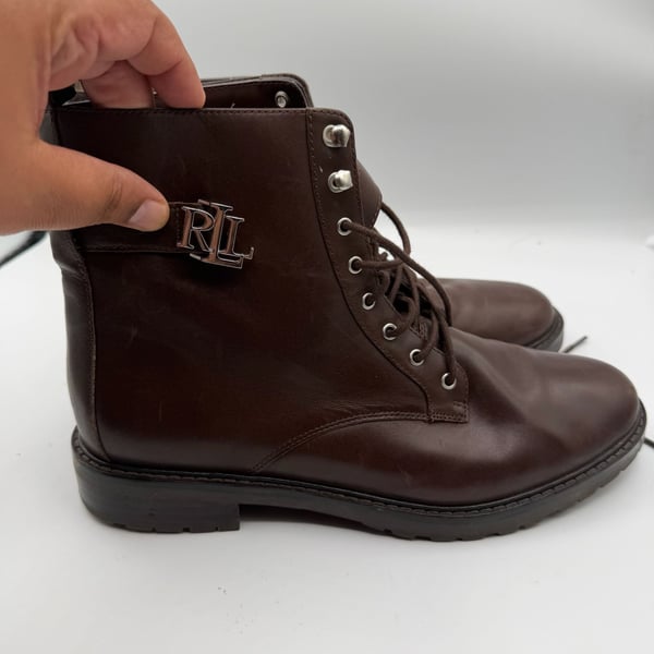 Lauren Ralph Lauren Brown Leather Ankle Boots with Gold Zipper