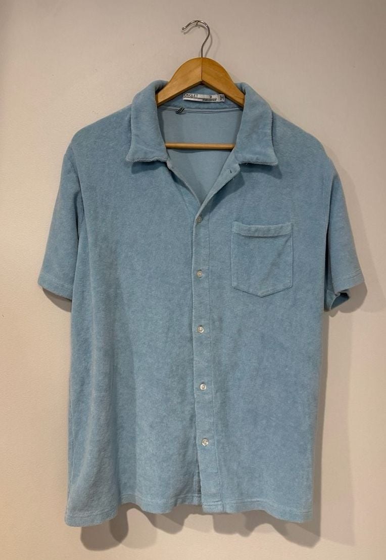 Criquet Terry Camp Shirt Size M Light Blue Button-Up Short Sleeve 2